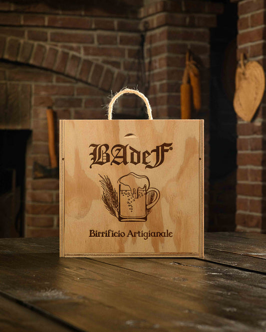confezione regalo box in legno 3 bottiglie birrificio artigianale badef